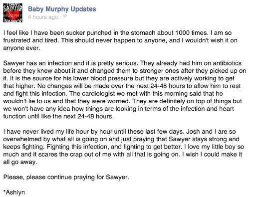 Ashlyn's FB Post about Sawyer's Infection 2013-05-25