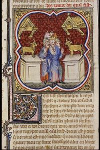 Jeroboam sets up two golden calves, from the Bible Historiale. Den Haag, MMW, 10 B 23 165r Date 1372