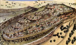 Artist's depiction of Jerusalem at the time of Hezekiah showing the second wall.